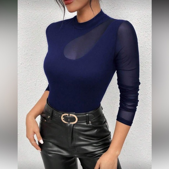 Elegant Navy Blue Sheer Sleeve Top - Picture 1 of 15